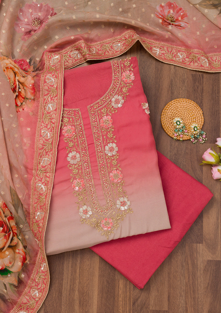 Onion Pink Multi Tissue Gold Zariwork Unstitched Dress Material With Matching Bottom And Dupatta