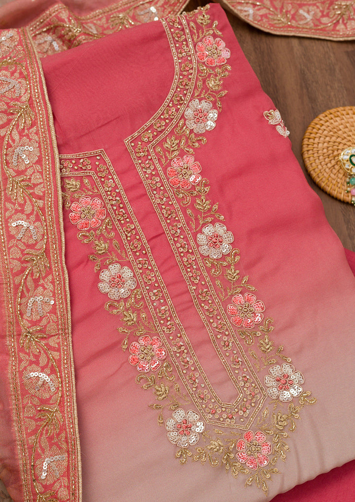 Onion Pink Multi Tissue Gold Zariwork Unstitched Dress Material With Matching Bottom And Dupatta