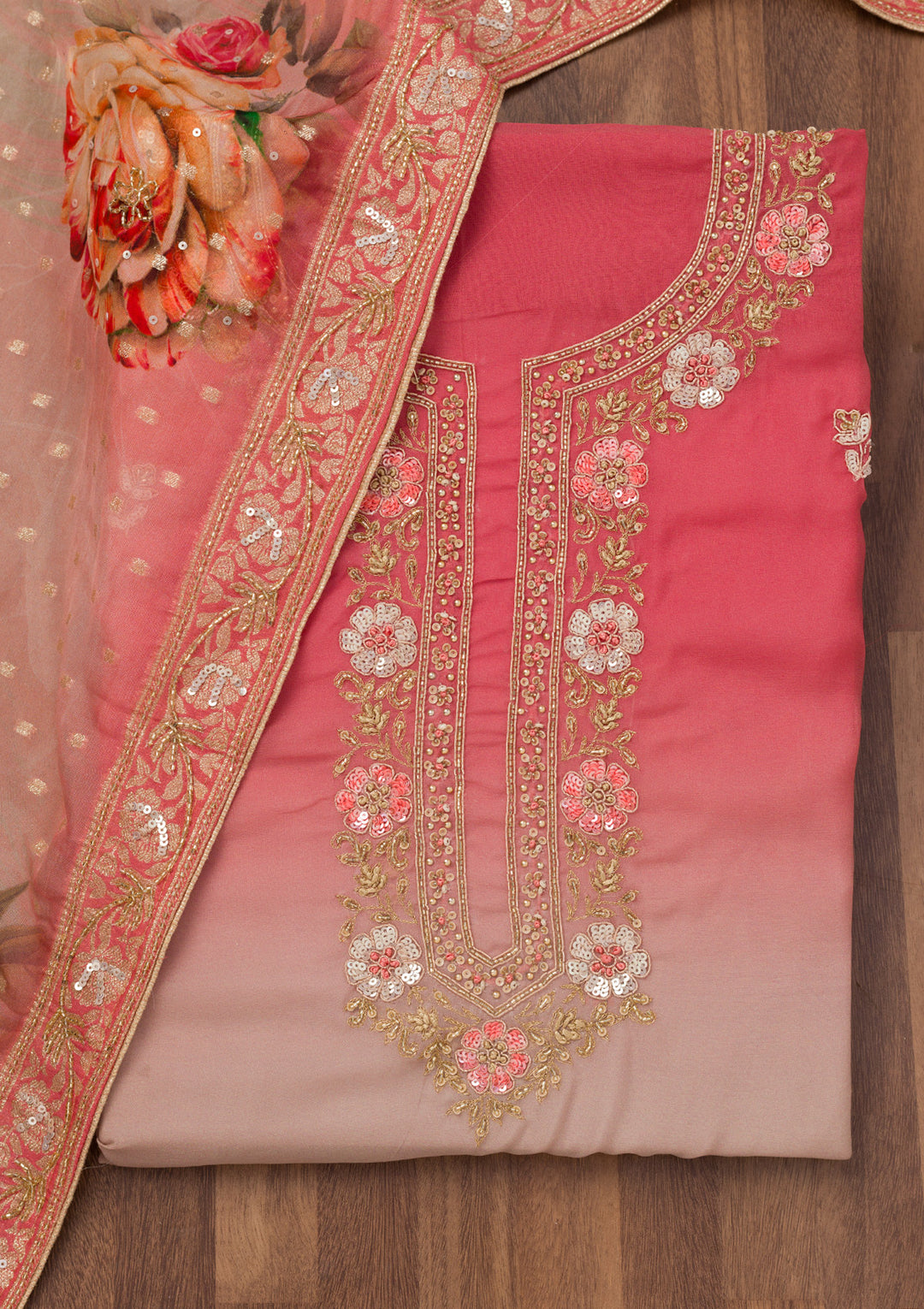 Onion Pink Multi Tissue Gold Zariwork Unstitched Dress Material With Matching Bottom And Dupatta