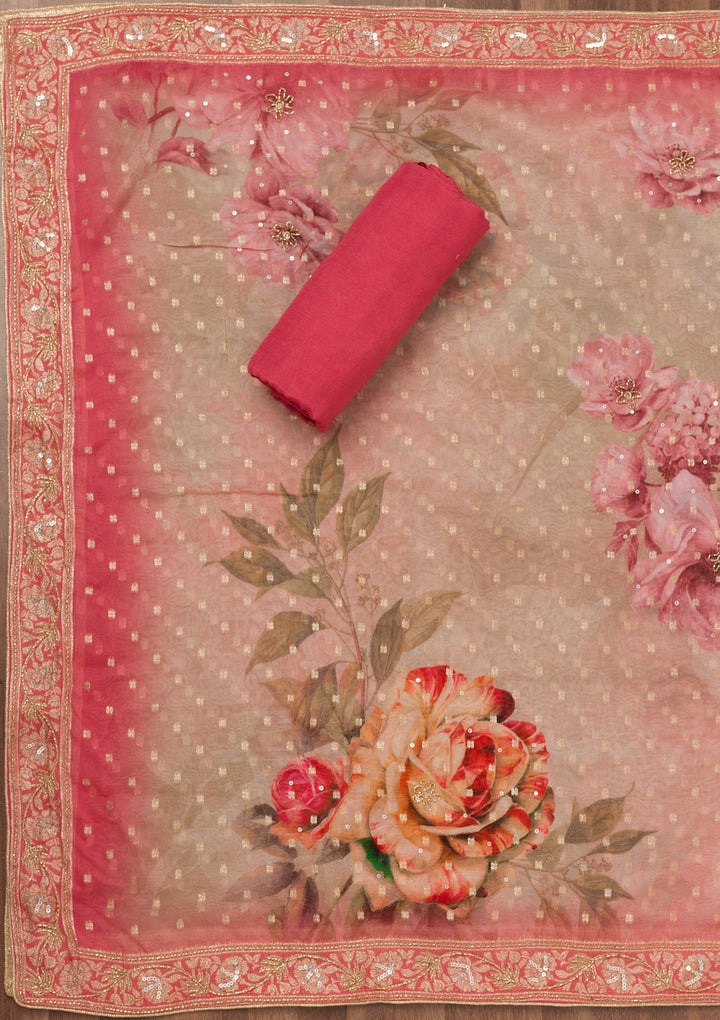 Onion Pink Multi Tissue Gold Zariwork Unstitched Dress Material With Matching Bottom And Dupatta
