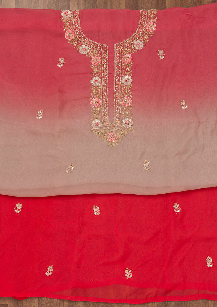Onion Pink Multi Tissue Gold Zariwork Unstitched Dress Material With Matching Bottom And Dupatta