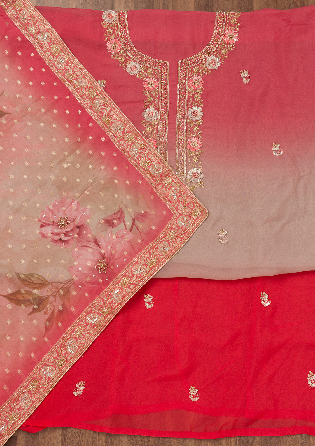 Onion Pink Multi Tissue Gold Zariwork Unstitched Dress Material With Matching Bottom And Dupatta