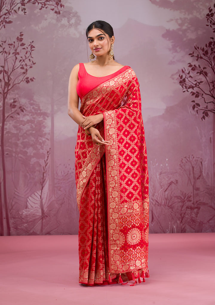 Red Silk Checks Gold Zariwork Saree With Matching Blouse Piece