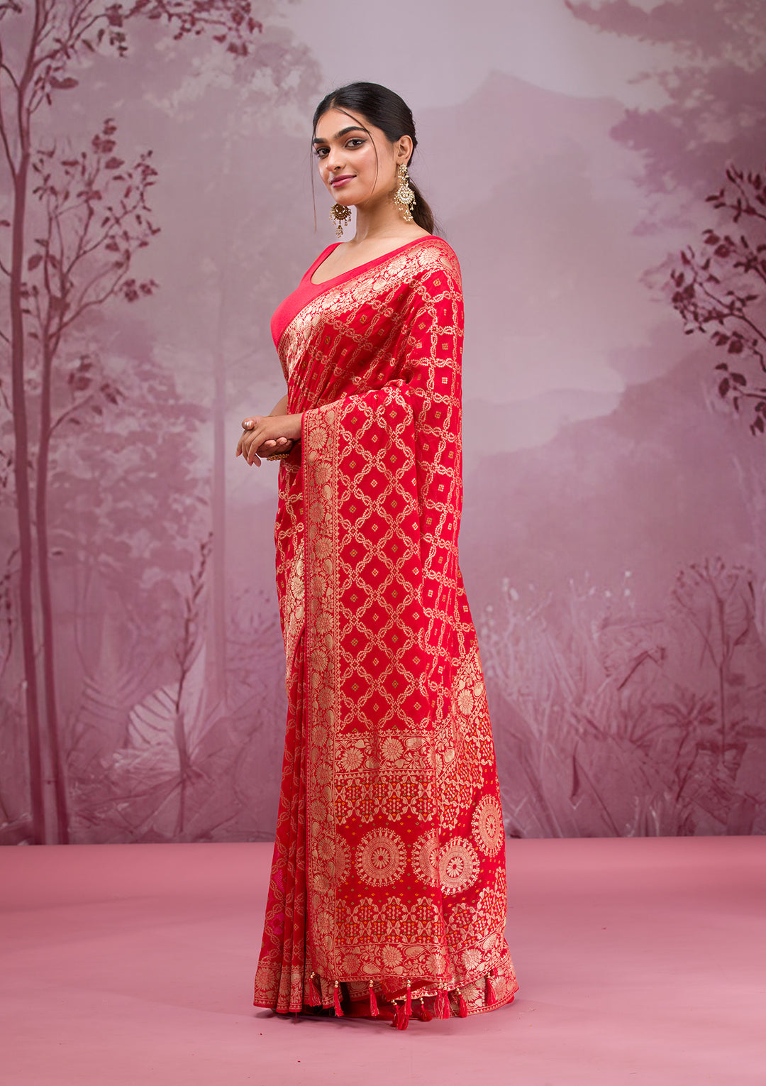 Red Silk Checks Gold Zariwork Saree With Matching Blouse Piece