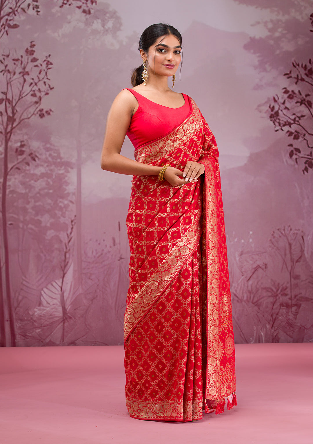 Red Silk Checks Gold Zariwork Saree With Matching Blouse Piece