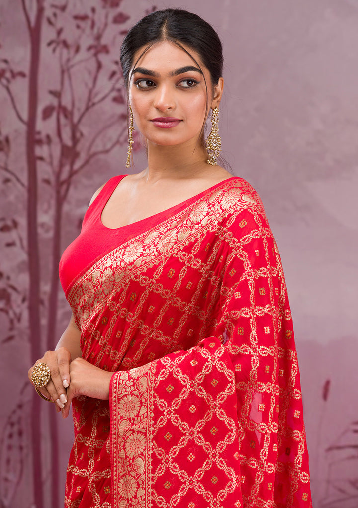 Red Silk Checks Gold Zariwork Saree With Matching Blouse Piece