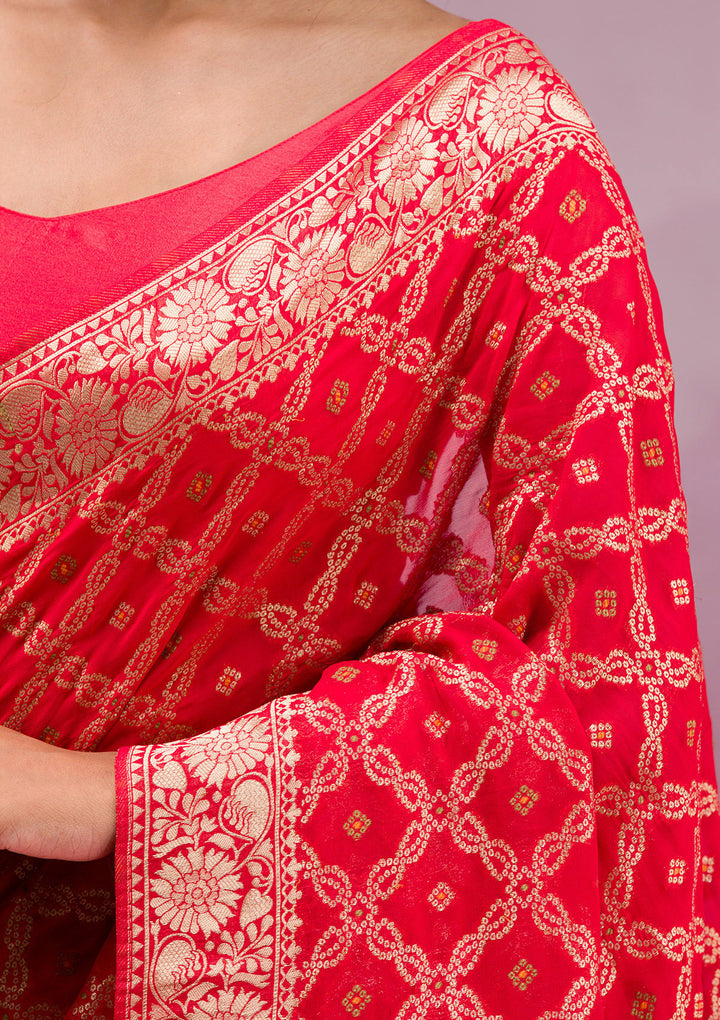 Red Silk Checks Gold Zariwork Saree With Matching Blouse Piece