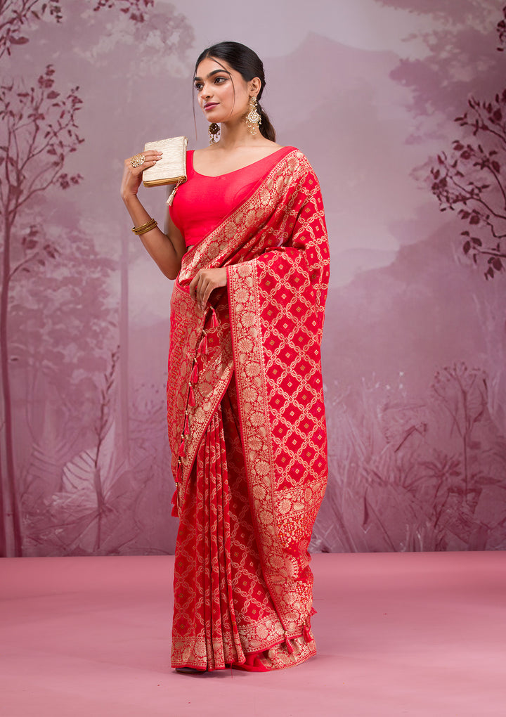 Red Silk Checks Gold Zariwork Saree With Matching Blouse Piece
