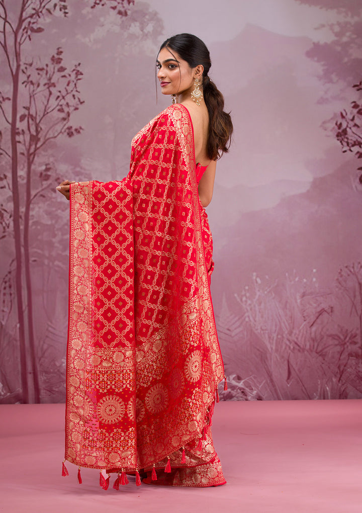 Red Silk Checks Gold Zariwork Saree With Matching Blouse Piece