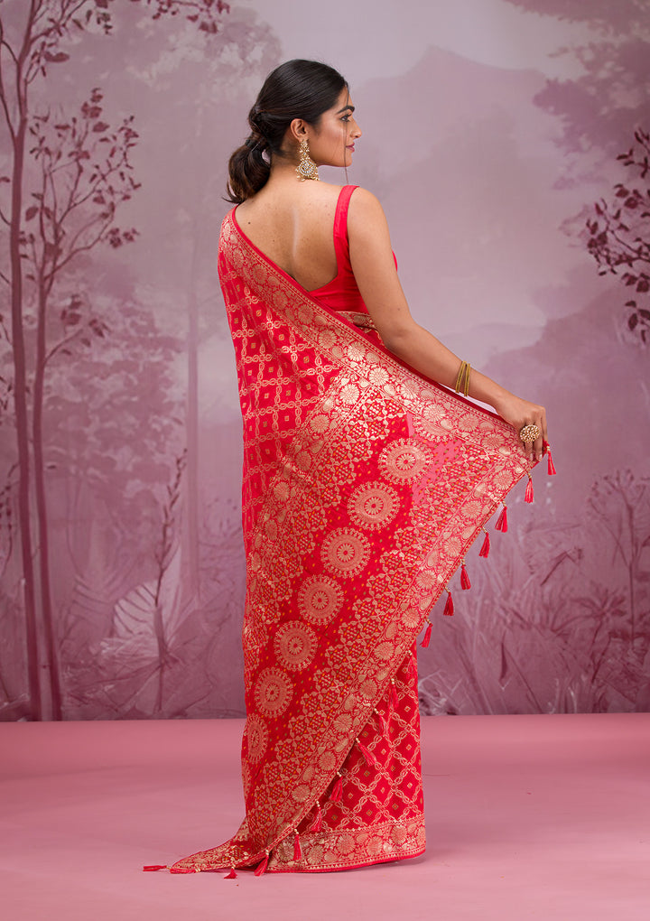 Red Silk Checks Gold Zariwork Saree With Matching Blouse Piece