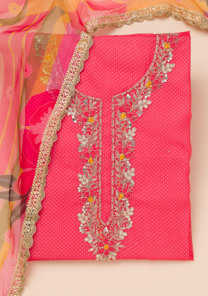 Red Organza Silver Zardozi Work Unstitched Dress Material With Matching Bottom And Dupatta