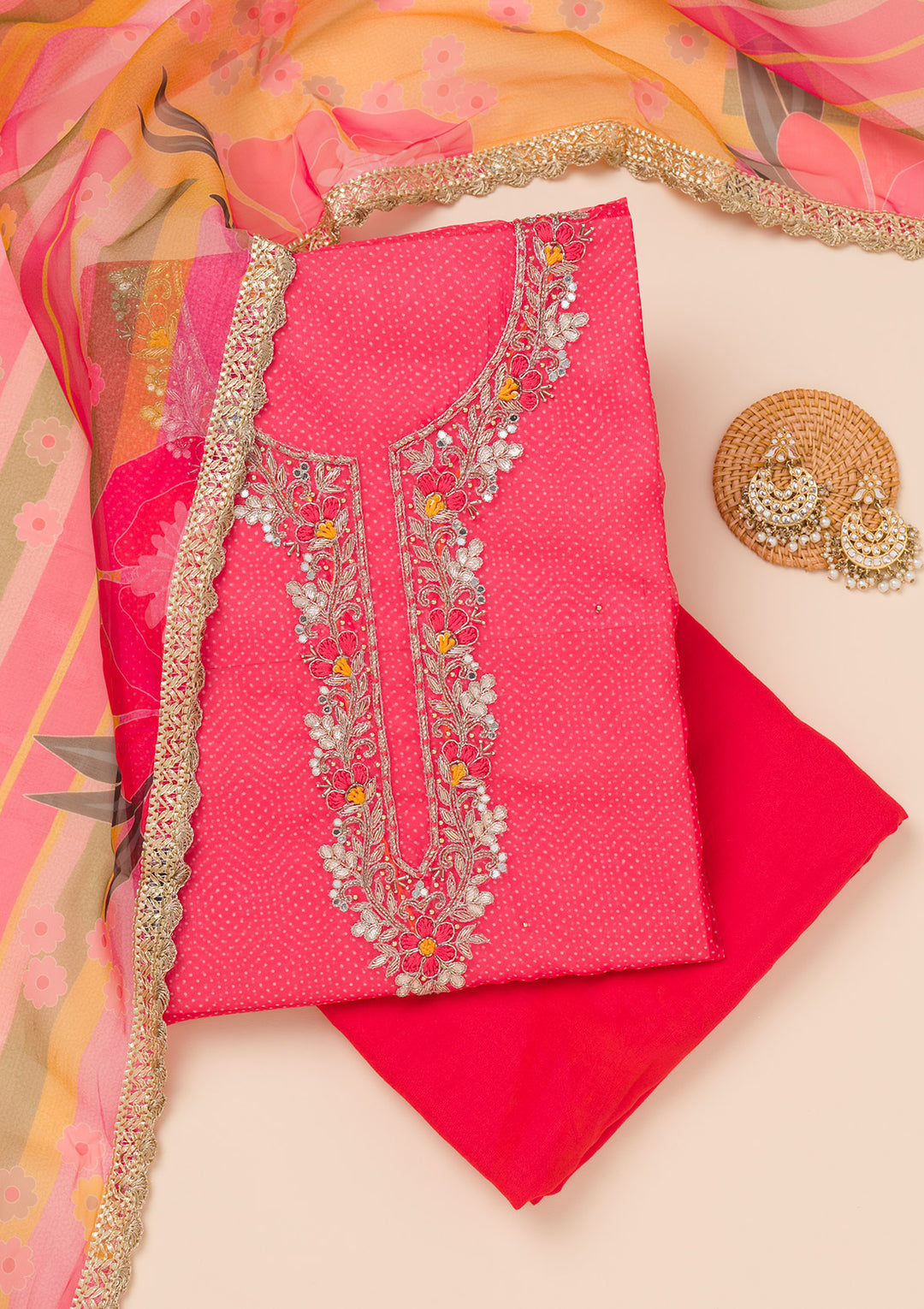Red Organza Silver Zardozi Work Unstitched Dress Material With Matching Bottom And Dupatta