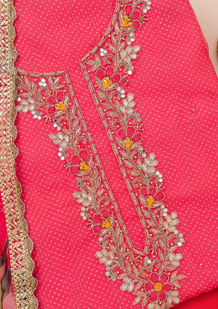 Red Organza Silver Zardozi Work Unstitched Dress Material With Matching Bottom And Dupatta