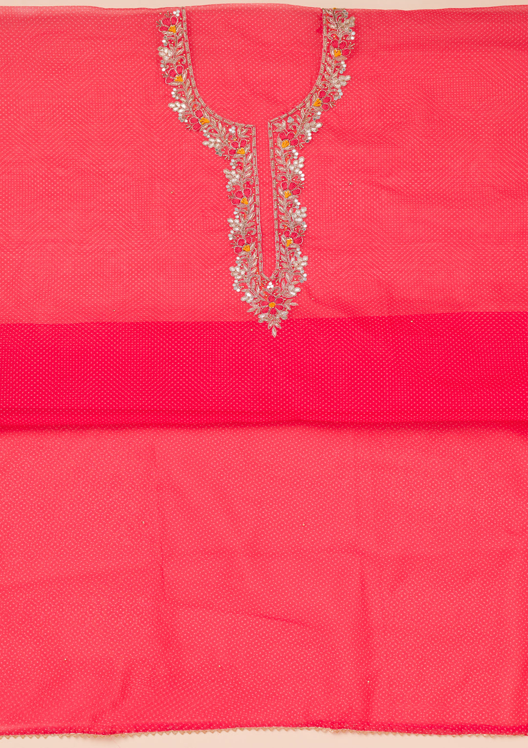 Red Organza Silver Zardozi Work Unstitched Dress Material With Matching Bottom And Dupatta