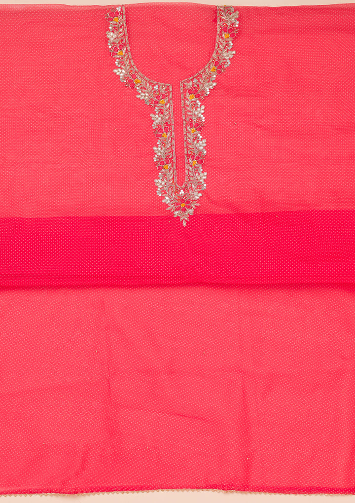 Red Organza Silver Zardozi Work Unstitched Dress Material With Matching Bottom And Dupatta