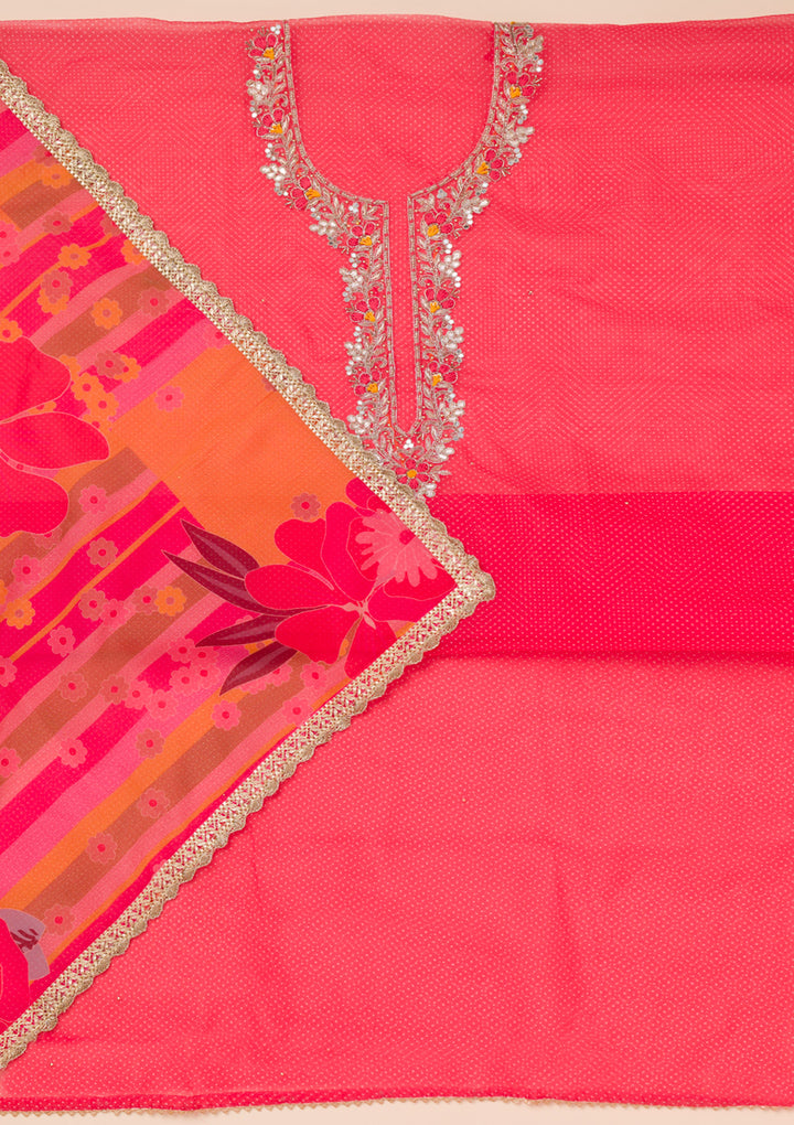Red Organza Silver Zardozi Work Unstitched Dress Material With Matching Bottom And Dupatta