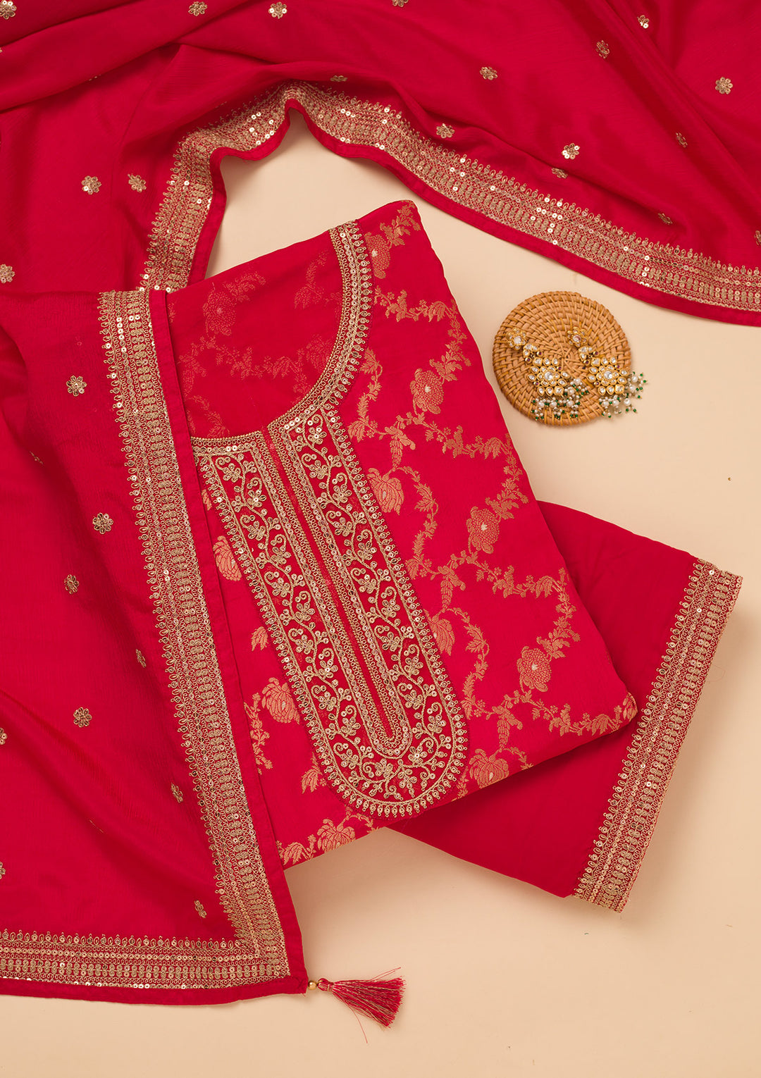 Koskii Tissue Red Salwar Suit – Unstitched with Luxurious Zariwork