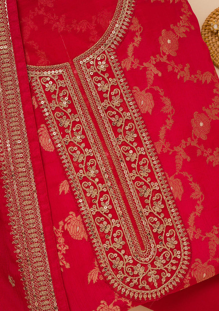 Koskii Tissue Red Salwar Suit – Unstitched with Luxurious Zariwork