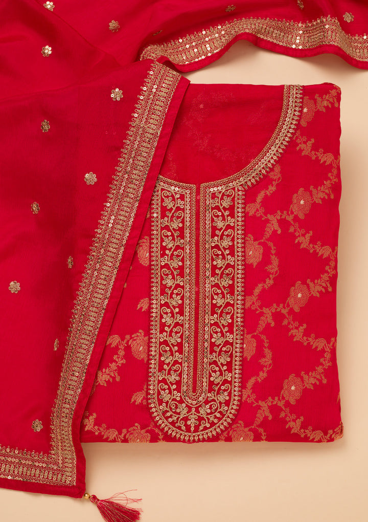 Koskii Tissue Red Salwar Suit – Unstitched with Luxurious Zariwork