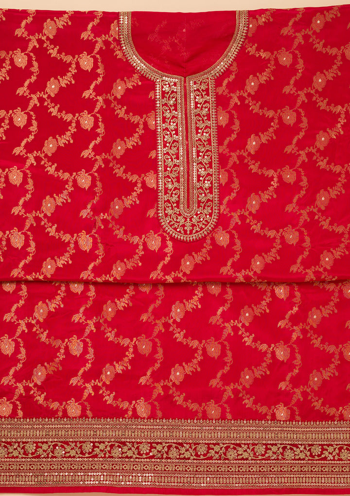 Koskii Tissue Red Salwar Suit – Unstitched with Luxurious Zariwork