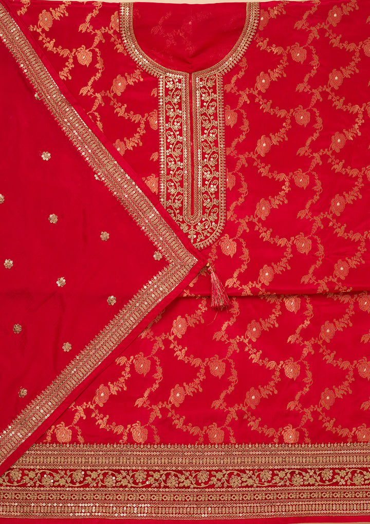 Koskii Tissue Red Salwar Suit – Unstitched with Luxurious Zariwork