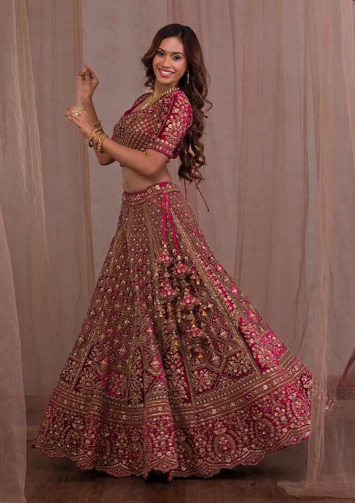 Red Zariwork Velvet Readymade Lehenga