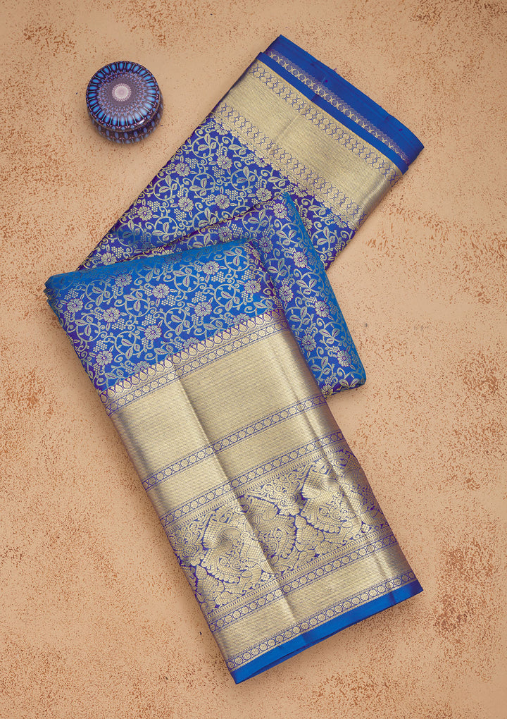 Royal Blue Silk Jaal Gold Zariwork Saree With Matching Blouse Piece