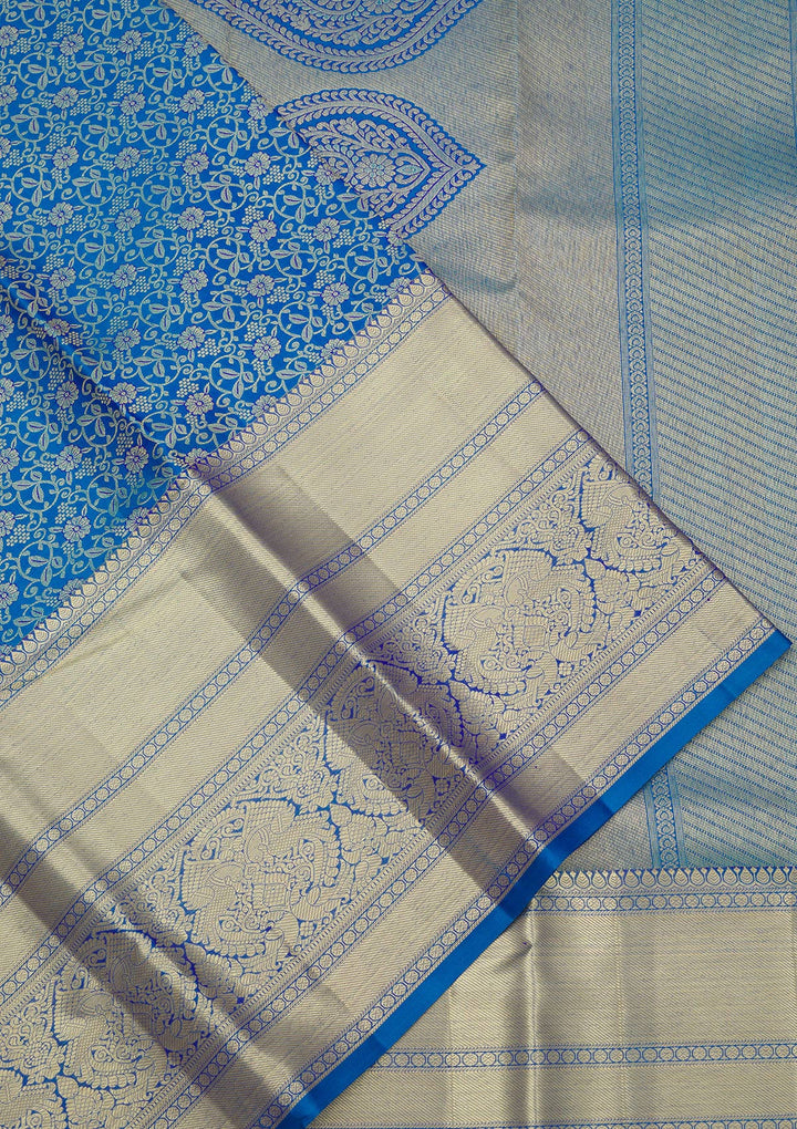 Royal Blue Silk Jaal Gold Zariwork Saree With Matching Blouse Piece