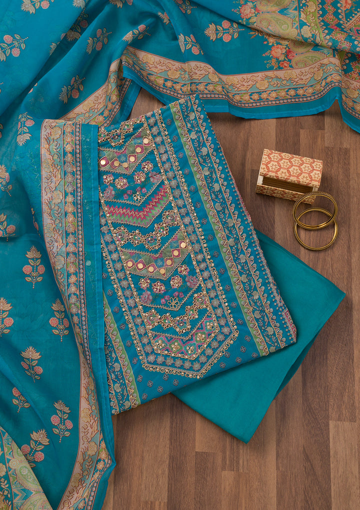 Royal Blue Printed Chanderi Unstitched Salwar Suit