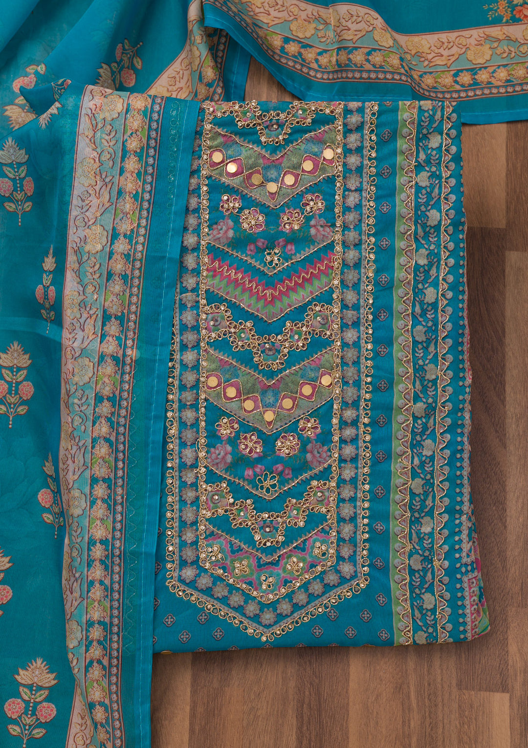 Royal Blue Printed Chanderi Unstitched Salwar Suit