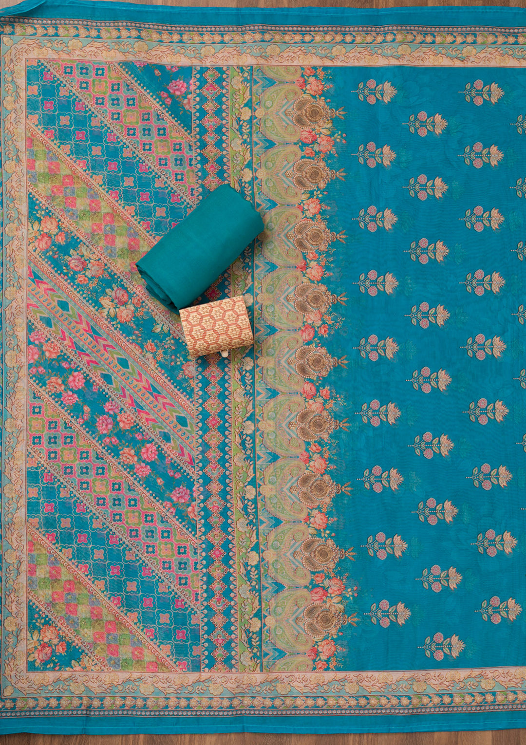 Royal Blue Printed Chanderi Unstitched Salwar Suit