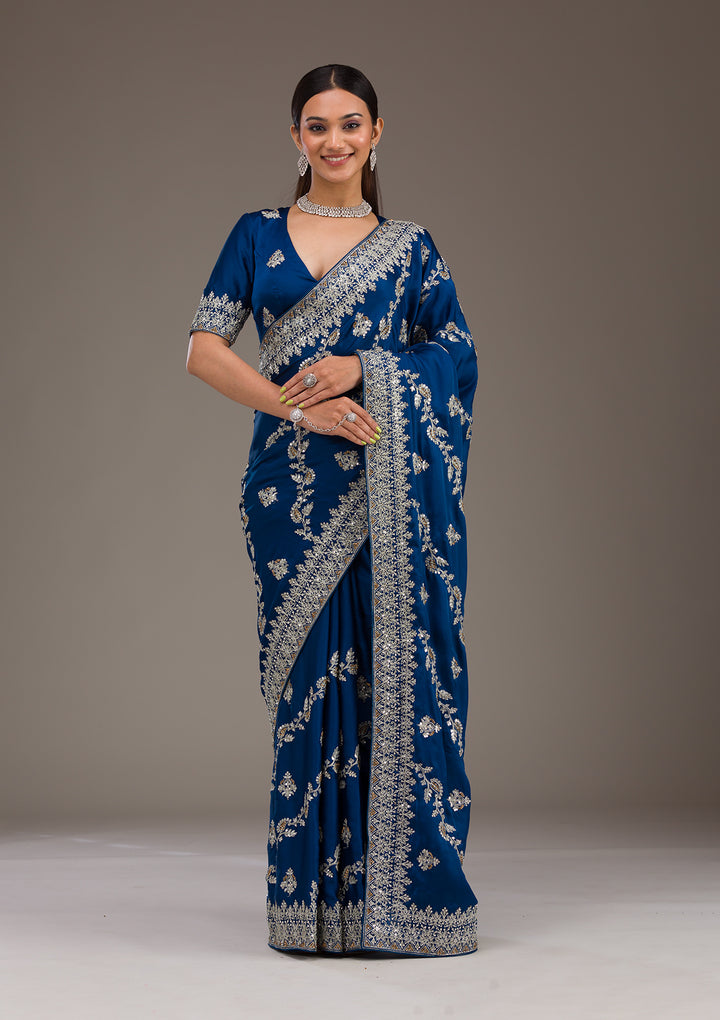 Royal Blue Satin Silver Zariwork Saree With Matching Blouse Piece