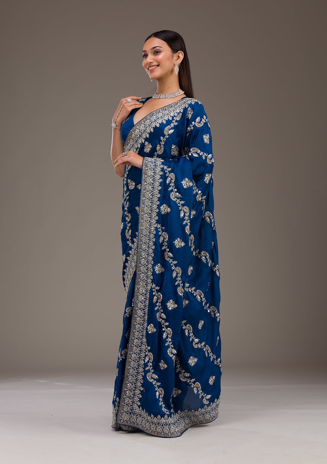 Royal Blue Satin Silver Zariwork Saree With Matching Blouse Piece