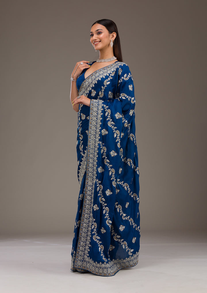 Royal Blue Satin Silver Zariwork Saree With Matching Blouse Piece
