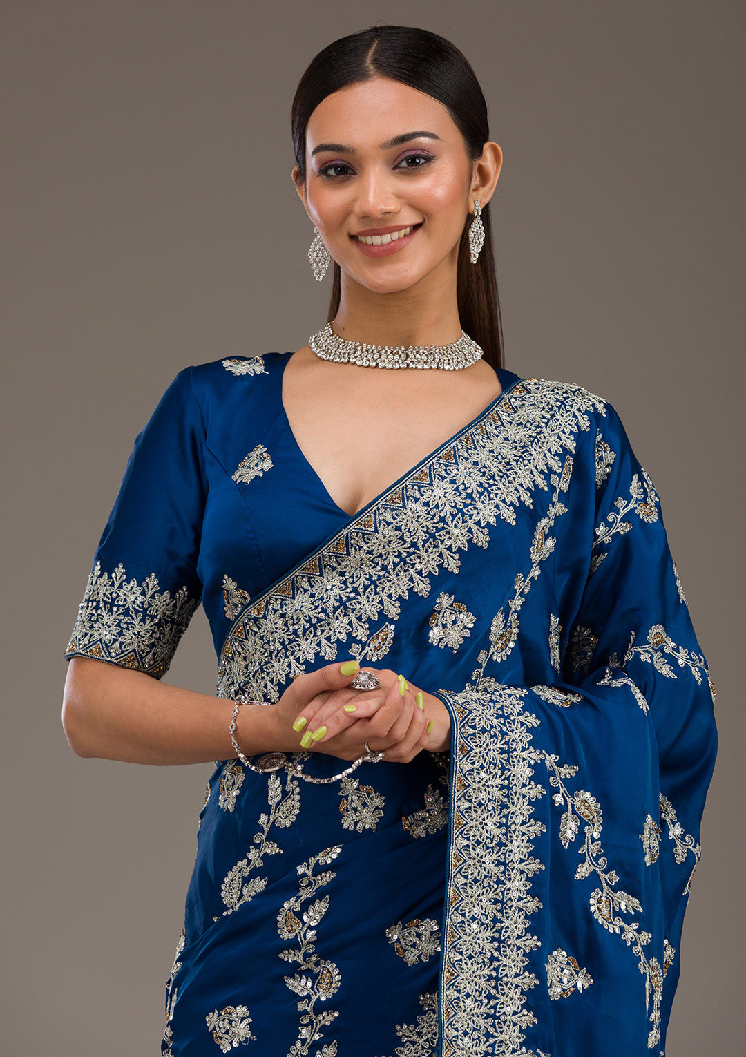 Royal Blue Satin Silver Zariwork Saree With Matching Blouse Piece