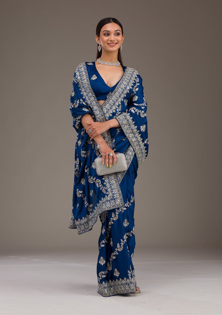 Royal Blue Satin Silver Zariwork Saree With Matching Blouse Piece