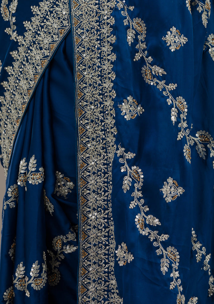 Royal Blue Satin Silver Zariwork Saree With Matching Blouse Piece