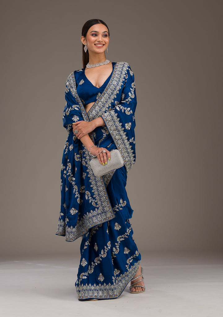 Royal Blue Satin Silver Zariwork Saree With Matching Blouse Piece