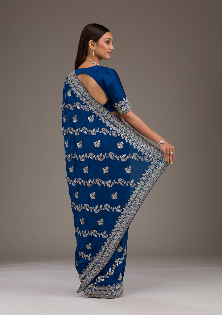 Royal Blue Satin Silver Zariwork Saree With Matching Blouse Piece