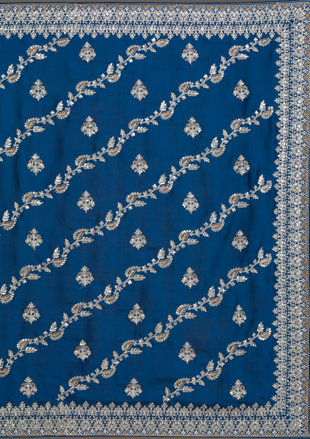 Royal Blue Satin Silver Zariwork Saree With Matching Blouse Piece