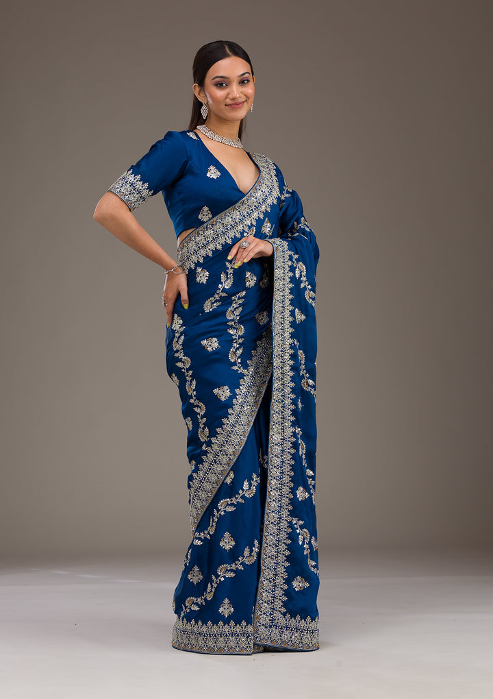 Royal Blue Satin Silver Zariwork Saree With Matching Blouse Piece