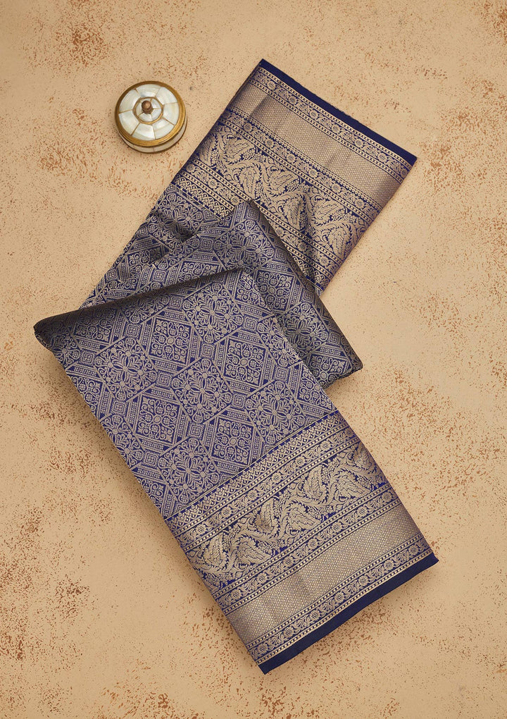 Royal Blue Silk Jaal Gold Zariwork Saree With Matching Blouse Piece