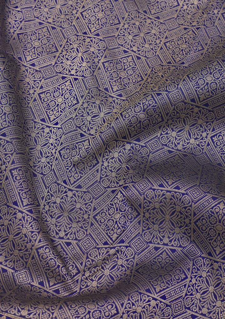 Royal Blue Silk Jaal Gold Zariwork Saree With Matching Blouse Piece