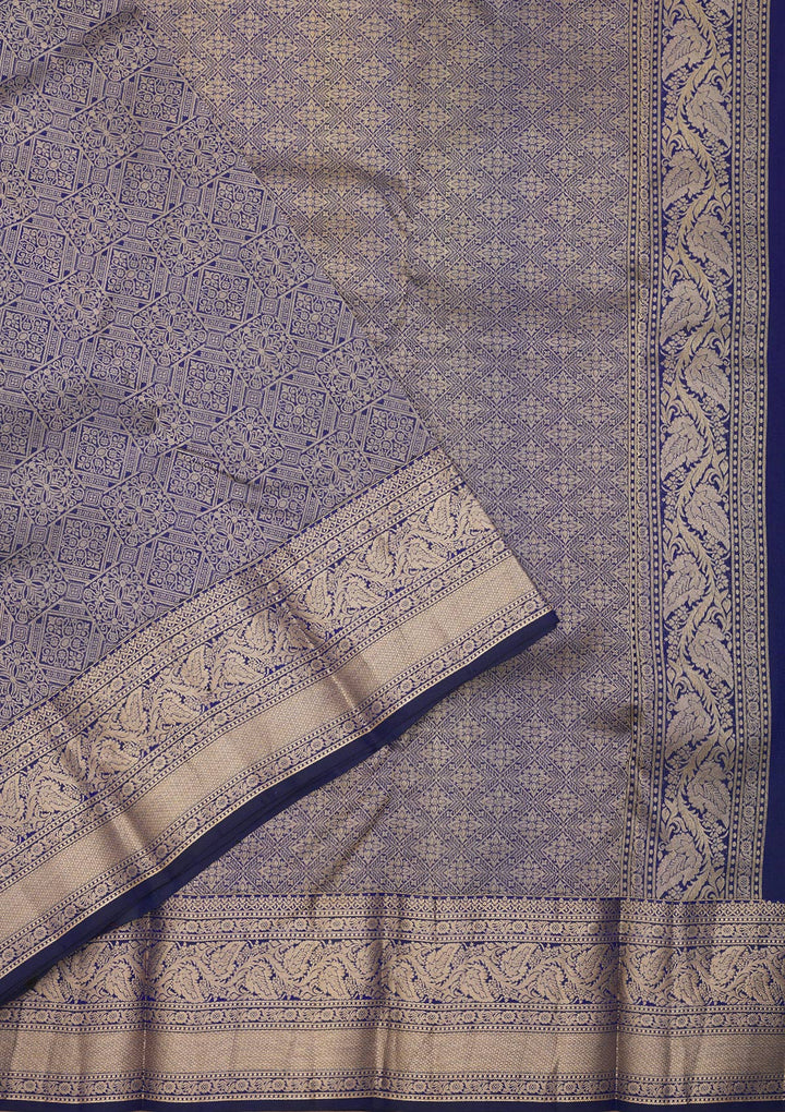 Royal Blue Silk Jaal Gold Zariwork Saree With Matching Blouse Piece