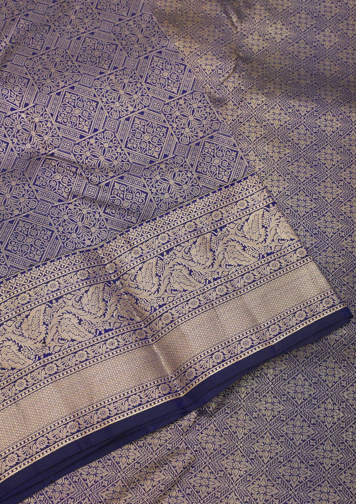 Royal Blue Silk Jaal Gold Zariwork Saree With Matching Blouse Piece
