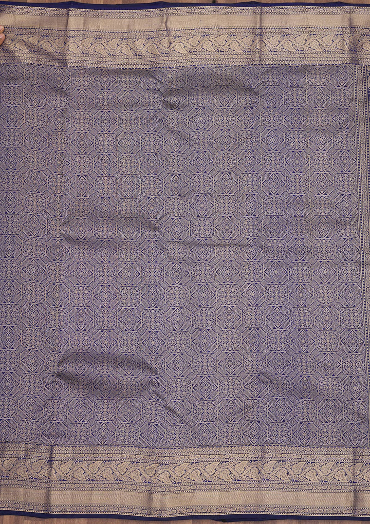 Royal Blue Silk Jaal Gold Zariwork Saree With Matching Blouse Piece
