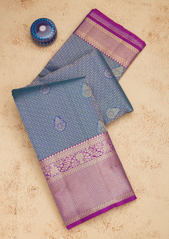Royal Blue Silk Buti Gold Zariwork Saree With Matching Blouse Piece