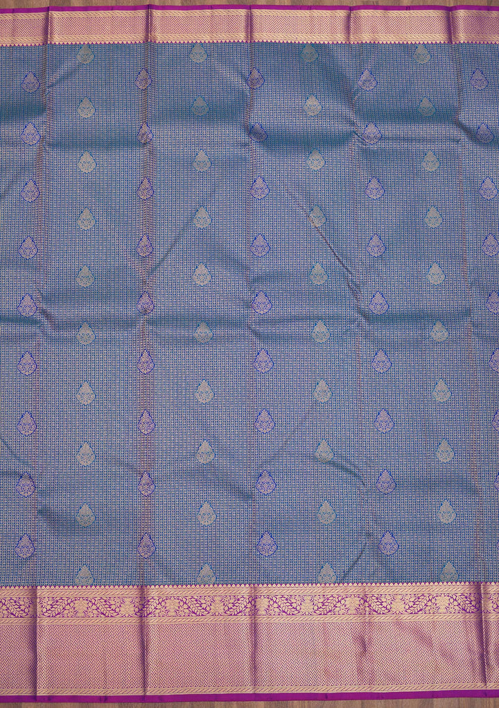 Royal Blue Silk Buti Gold Zariwork Saree With Matching Blouse Piece
