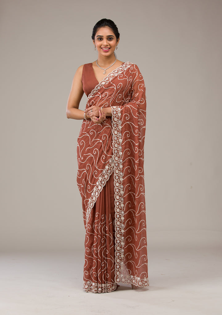 Rust Tissue Sequins Saree With Matching Blouse Piece
