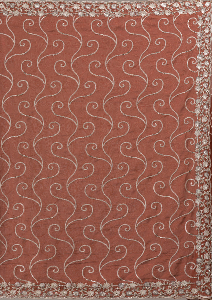 Rust Tissue Sequins Saree With Matching Blouse Piece